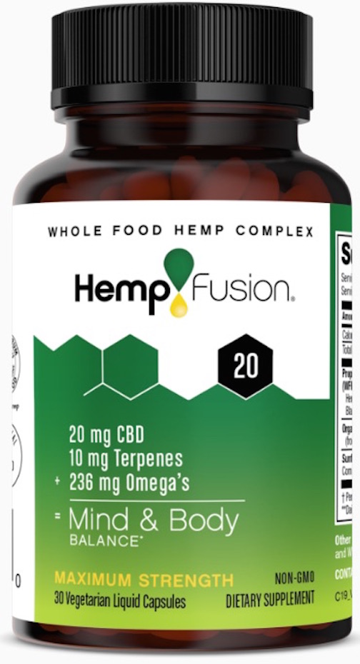 hempfusion-20-20mg-cbd-10mg-terpenes-236mg-omegas-mindbodybalance-maximumstrength-30vegetarian-liquid-capsules-front Mind & Body Balance 20mg Capsules 30ct - Image 1