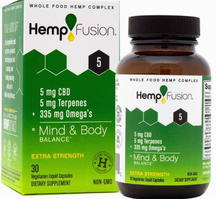 hempfusion-5-5mg-cbd-5mg-terpenes-335mg-omegas-mindbodybalance-extrastrength-30vegetarian-liquid-capsules-front Mind & Body Balance 5mg Capsules 30ct - Image 1